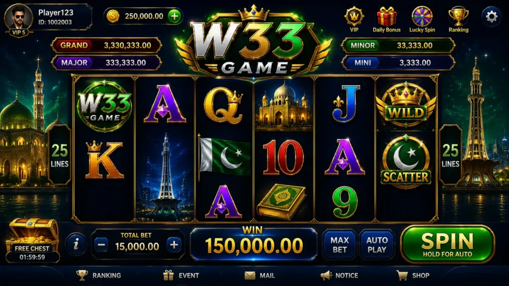 W33 Game APK download for Pakistan 2026 – secure Android casino app with real money games, Teen Patti, slots, and JazzCash withdrawals
