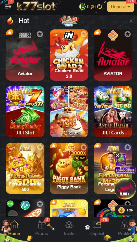 K77 Slot Game homepage featuring exciting slot games, colorful graphics, and online casino entertainment.