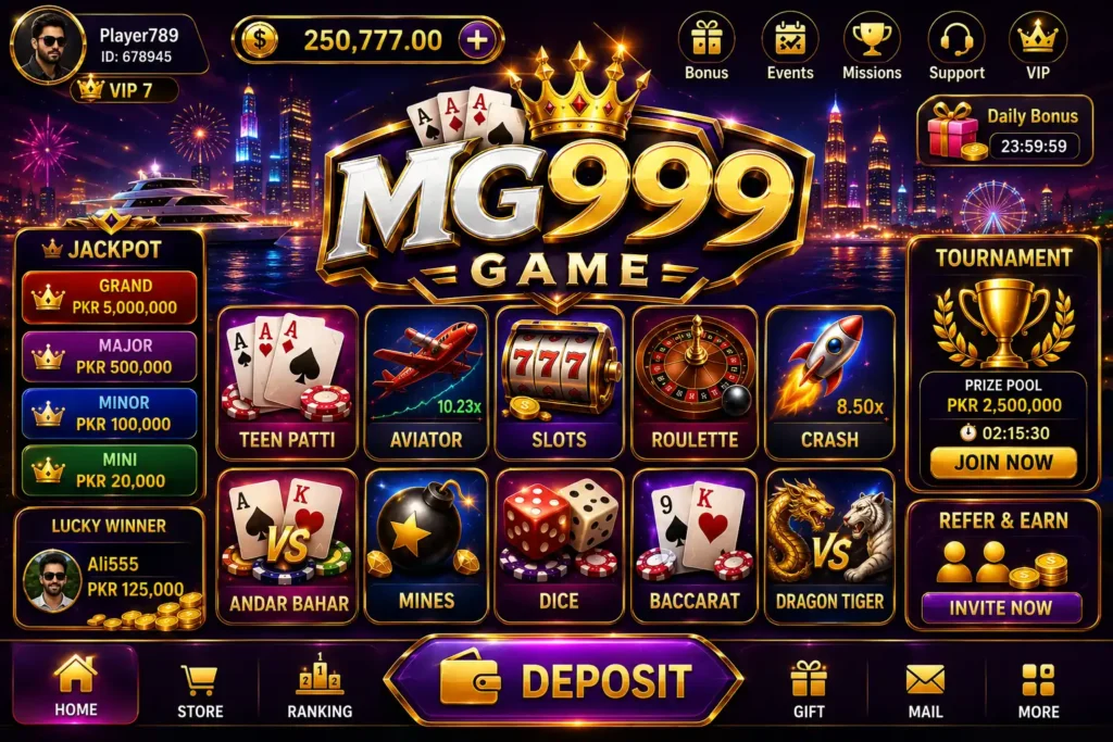 MG999 Game official app interface showing popular online casino games and real earning options for Pakistani players
