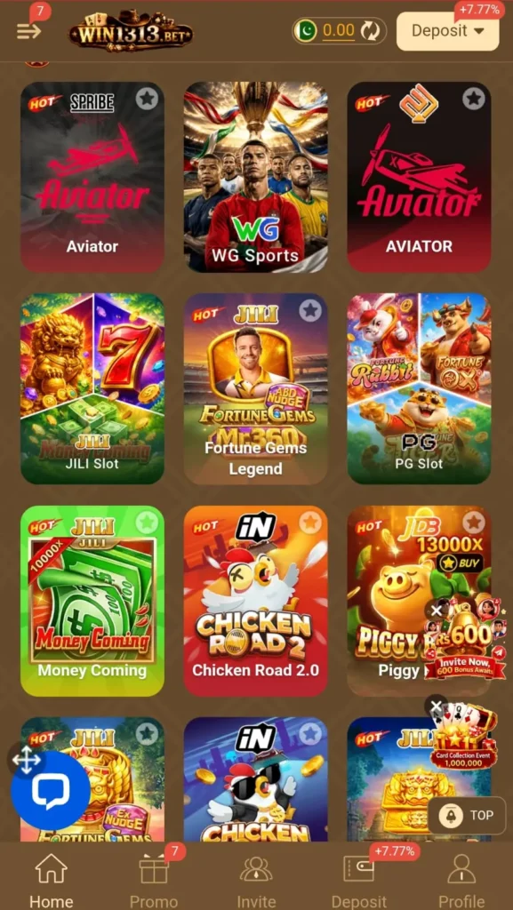 WIN 1313 Game official gameplay interface featuring real money casino games, Teen Patti, slot games, live casino, and instant cash withdrawals in Pakistan 2026