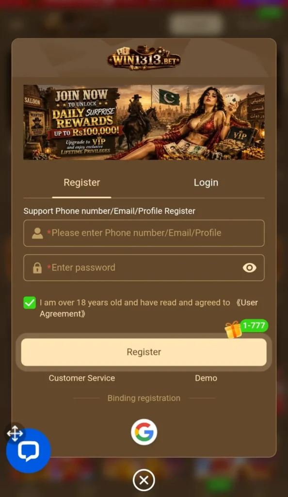 WIN 1313 Game login and registration page with secure account signup, mobile verification, and fast access for Pakistani players