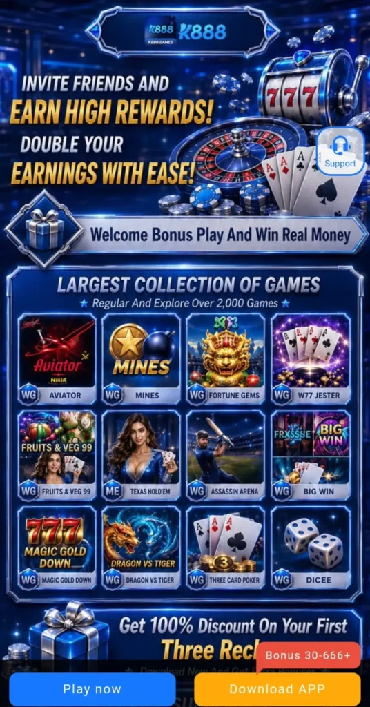 K888 Game official gameplay interface featuring real money casino games, Teen Patti, slot games, live betting, and instant cash withdrawals in Pakistan 2026