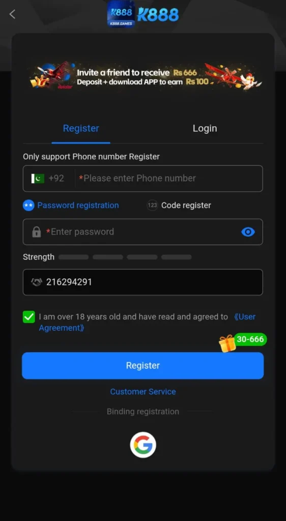 K888 Game login and registration page with secure account signup, mobile verification, and quick access for Pakistani players