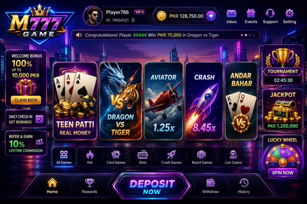 M777 Game official gameplay interface featuring casino games, Teen Patti, slot games, live gaming options, and mobile-friendly gameplay in Pakistan 2026