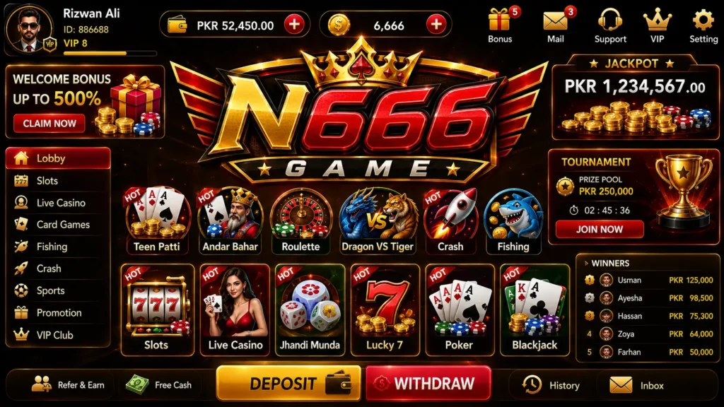 N666 Game official gameplay interface featuring casino games, Teen Patti, slot games, live gaming options, and mobile-friendly gameplay in Pakistan 2026