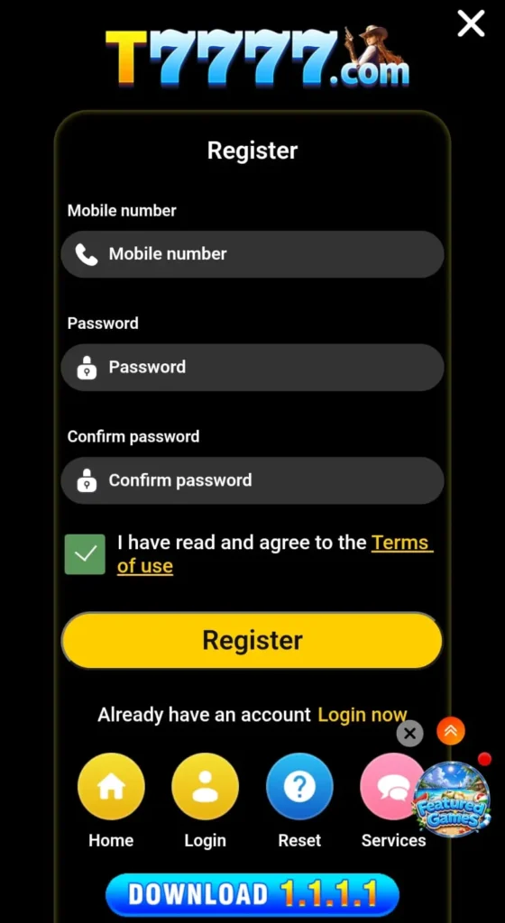 T7777 Game login and registration page showing secure account signup, mobile verification, and quick access for Pakistani players