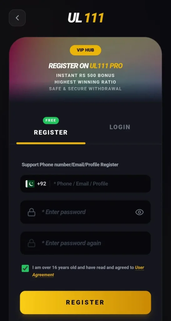 Sign in to UL 111 Game app with secure login and instant bonus