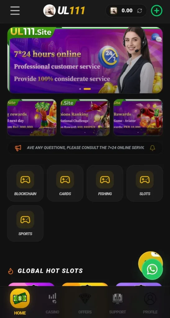 UL 111 Game homepage featuring latest games and bonus offers